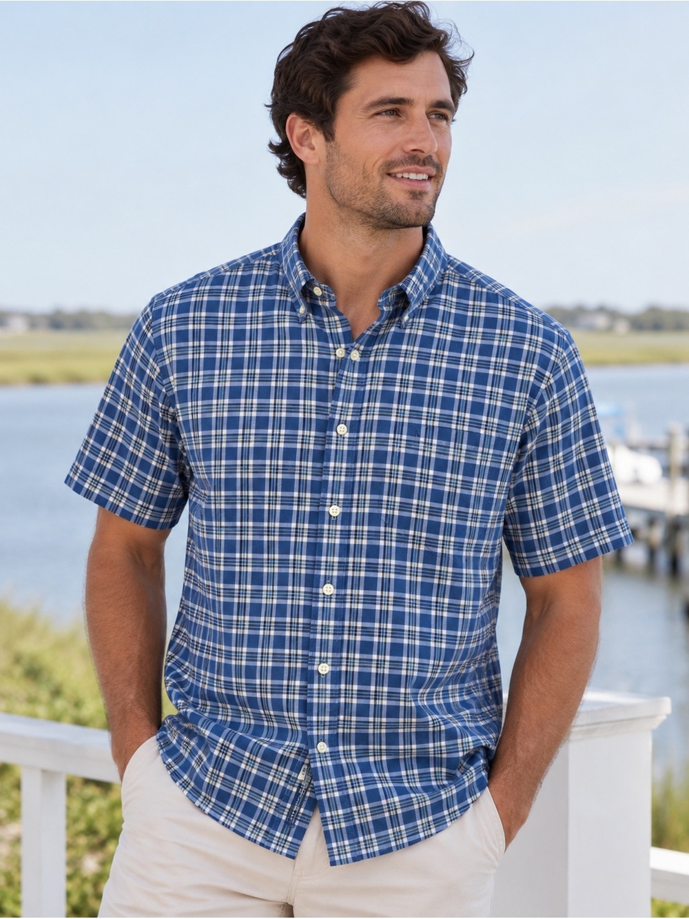 Duck Head Men’s Medium Blue Plaid Short Sleeve Button Down Shirt 100% Cotton